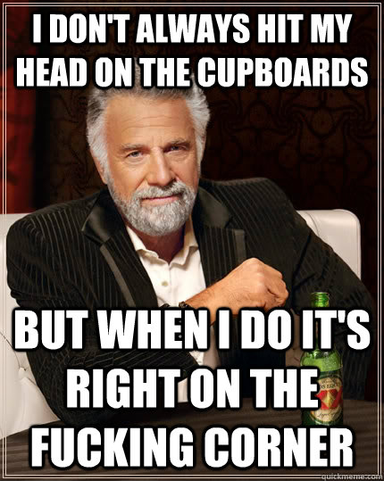 I don't always hit my head on the cupboards  but when I do it's right on the fucking corner  The Most Interesting Man In The World