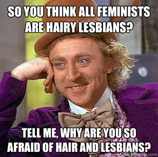 So you think all feminists are hairy lesbians? Tell me, why are you so afraid of hair and lesbians?  Condescending Wonka