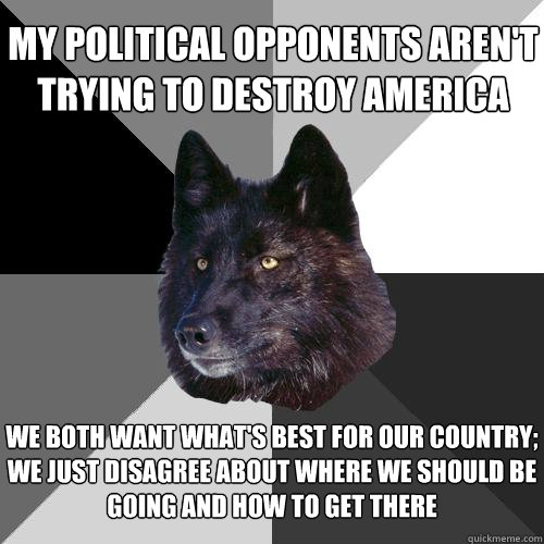 My political opponents aren't trying to destroy america we both want what's best for our country;
we just disagree about where we should be going and how to get there  Sanity Wolf