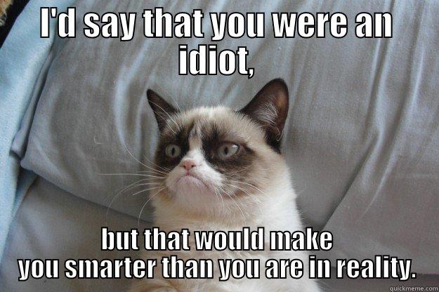 I'D SAY THAT YOU WERE AN IDIOT, BUT THAT WOULD MAKE YOU SMARTER THAN YOU ARE IN REALITY. Grumpy Cat