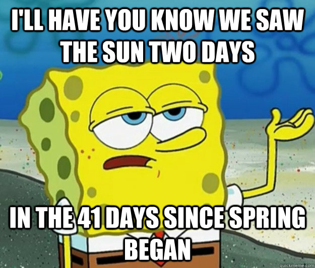 I'll have you know we saw the sun two days in the 41 days since spring began  Tough Spongebob