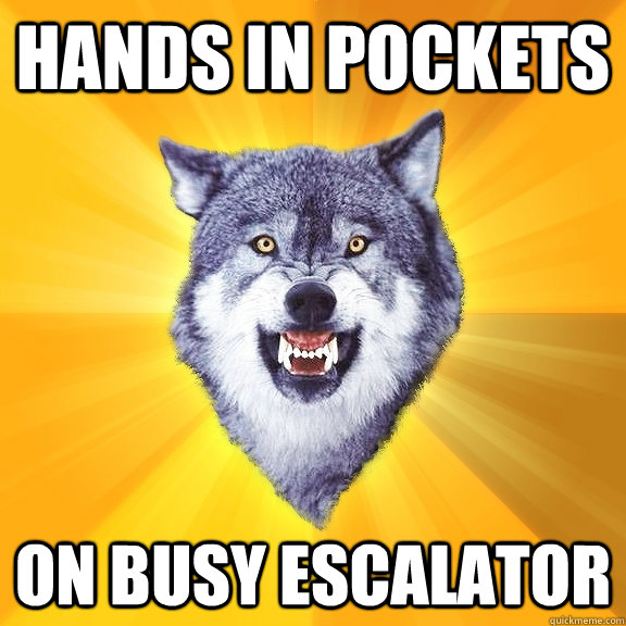 Hands in pockets on busy escalator - Hands in pockets on busy escalator  Courage Wolf