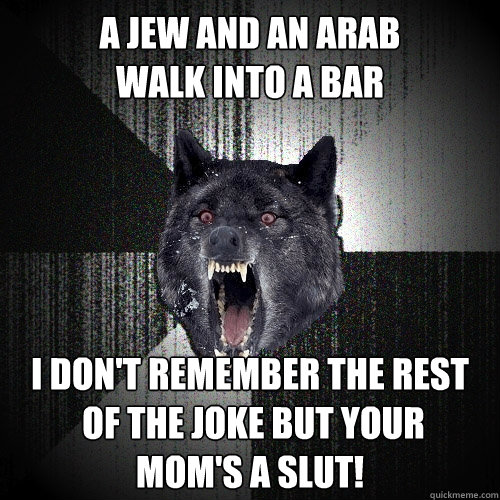 a jew and an arab 
walk into a bar i don't remember the rest
 of the joke but your 
mom's a slut!  Insanity Wolf