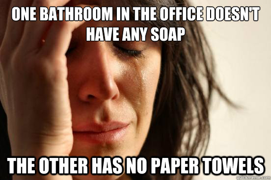 One bathroom in the office doesn't have any soap the other has no paper towels  First World Problems