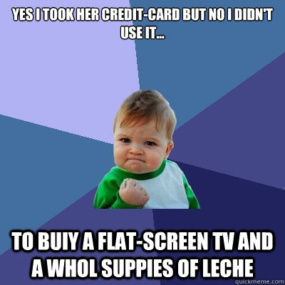 yes i took her credit-card but no I didn't use it...


 to buiy a flat-screen tv and a whol suppies of leche  Success Kid