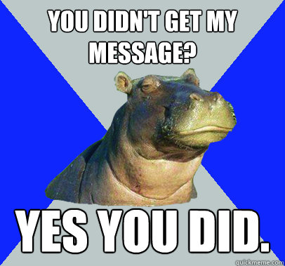 You didn't get my message? Yes you did.  Skeptical Hippo