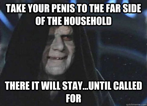 Take your penis to the far side of the household There it will stay...until called for  Emperor Palpatine