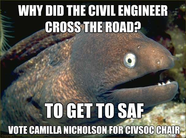 why did the civil engineer cross the road? to get to saf vote camilla nicholson for civsoc chair - why did the civil engineer cross the road? to get to saf vote camilla nicholson for civsoc chair  Bad Joke Eel