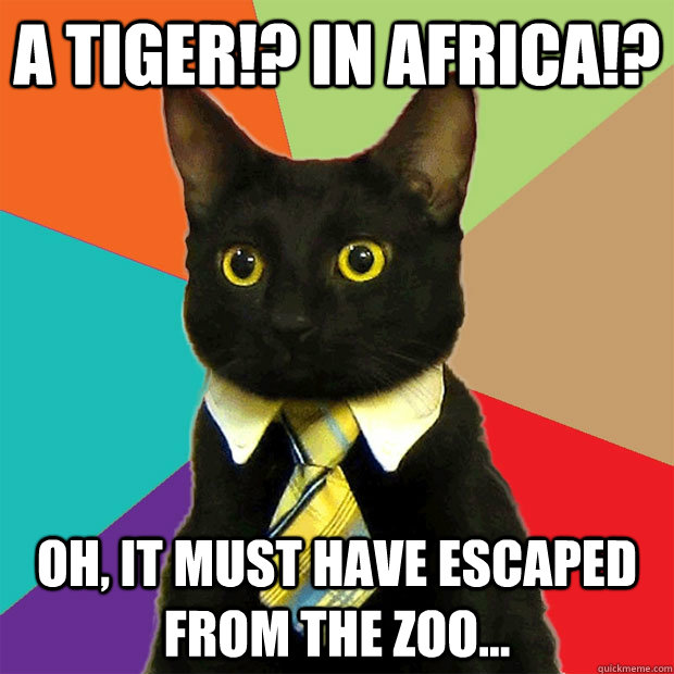 A tiger!? In Africa!? Oh, it must have escaped from the zoo...  Business Cat