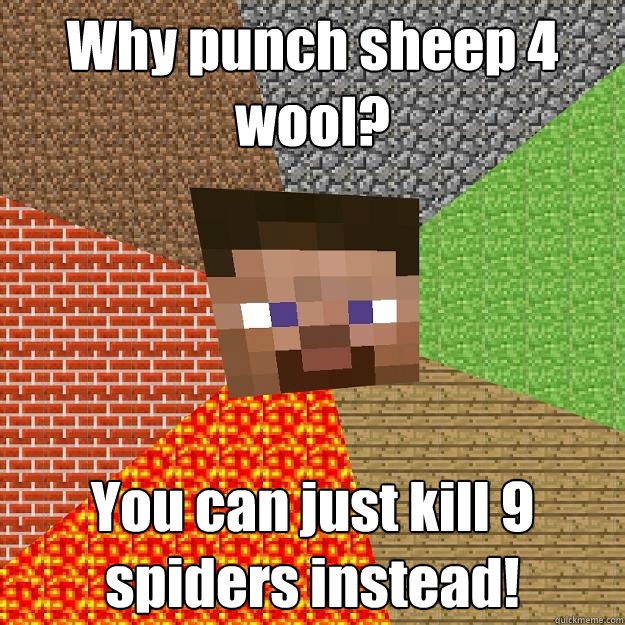 Why punch sheep 4 wool? You can just kill 9 spiders instead!  Minecraft