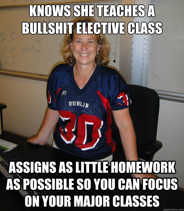 knows she teaches a bullshit elective class assigns as little homework as possible so you can focus on your major classes  Helpful High School Teacher