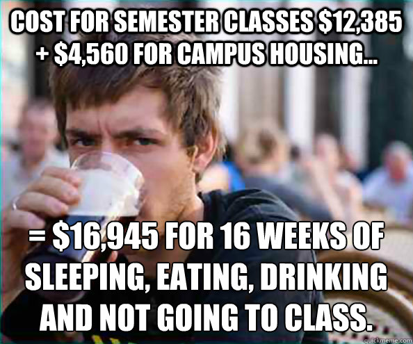 Cost For Semester Classes $12,385  + $4,560 for campus housing...   = $16,945 for 16 weeks of Sleeping, Eating, Drinking and not going to class.   Lazy College Senior