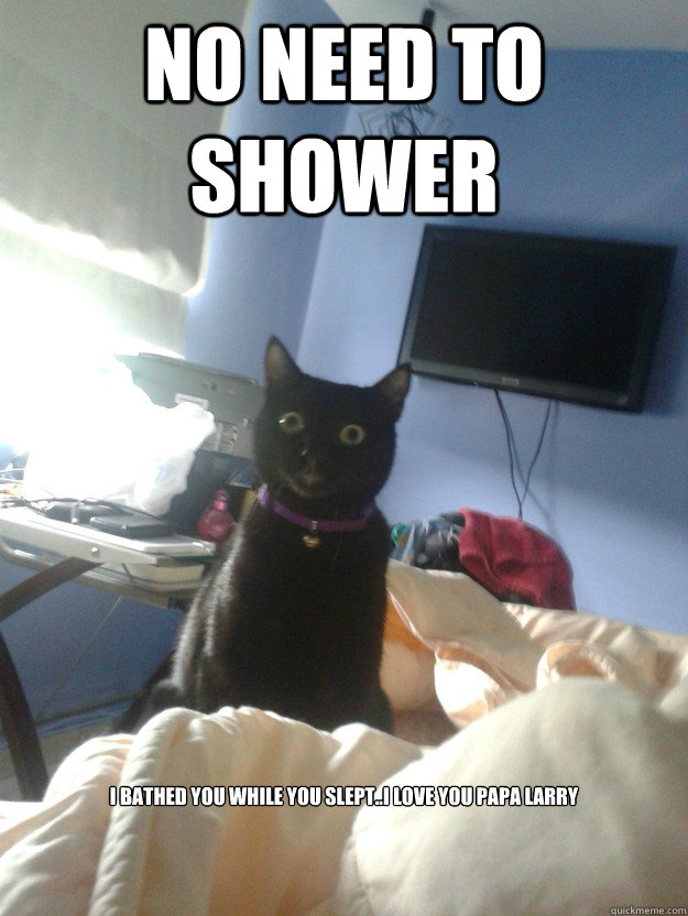 no need to shower i bathed you while you slept..I Love you Papa Larry  overly attached cat