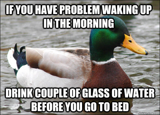 If you have problem waking up in the morning Drink couple of glass of water before you go to bed  Actual Advice Mallard