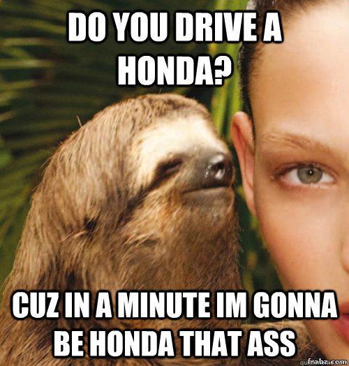 Do you Drive a honda? Cuz in a minute im gonna be honda that ass  rape sloth