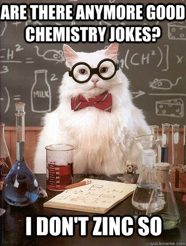 Are there anymore good chemistry jokes? i don't zinc so - Are there anymore good chemistry jokes? i don't zinc so  Chemistry Cat