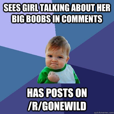 Sees girl talking about her big boobs in comments has posts on /r/gonewild  Success Kid