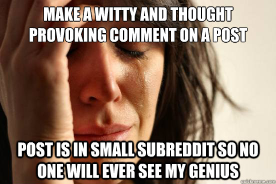 Make a witty and thought provoking comment on a post Post is in small subreddit so no one will ever see my genius  First World Problems