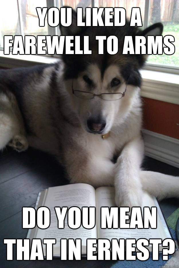 You liked A Farewell to Arms Do you mean that in Ernest? - You liked A Farewell to Arms Do you mean that in Ernest?  Condescending Literary Pun Dog
