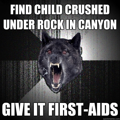 Find child crushed under rock in canyon give it first-aids  Insanity Wolf