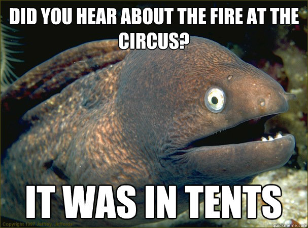 Did you hear about the fire at the circus? It was in tents  Bad Joke Eel