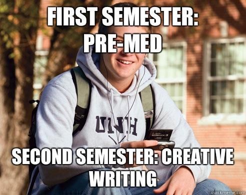 First semester: Pre-Med Second semester: Creative Writing  - First semester: Pre-Med Second semester: Creative Writing   College Freshman