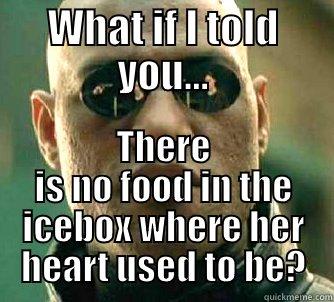 WHAT IF I TOLD YOU... THERE IS NO FOOD IN THE ICEBOX WHERE HER HEART USED TO BE? Matrix Morpheus