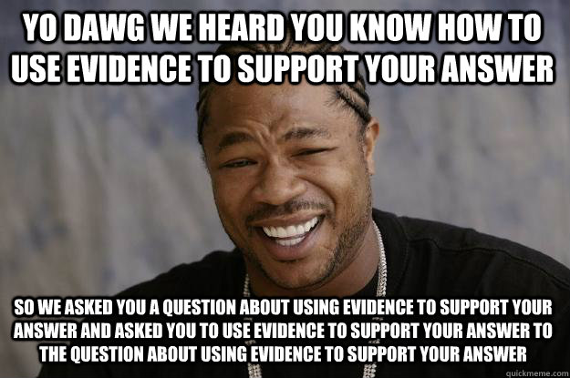 YO DAWG WE HEARD YOU KNOW HOW TO USE EVIDENCE TO SUPPORT YOUR ANSWER so we asked you a question about using evidence to support your answer and asked you to use evidence to support your answer to the question about using evidence to support your answer  Xzibit meme