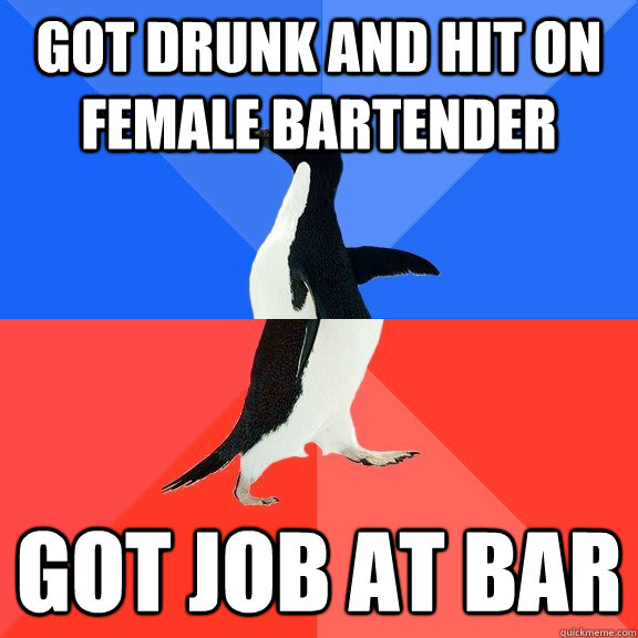 got drunk and hit on female bartender got job at bar  Socially Awkward Awesome Penguin