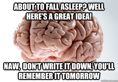 About to Fall asleep? Well Here's a great idea! Naw,  Don't write it down, you'll remember IT TOMORROW - About to Fall asleep? Well Here's a great idea! Naw,  Don't write it down, you'll remember IT TOMORROW  Scumbag Brain