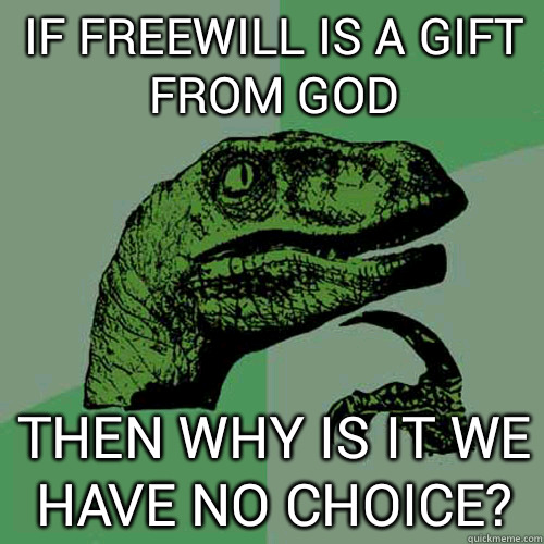 If freewill is a gift from God then why is it we have no choice?   Philosoraptor