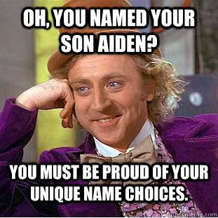 Oh, you named your son aiden? You must be proud of your unique name choices. - Oh, you named your son aiden? You must be proud of your unique name choices.  Condescending Wonka