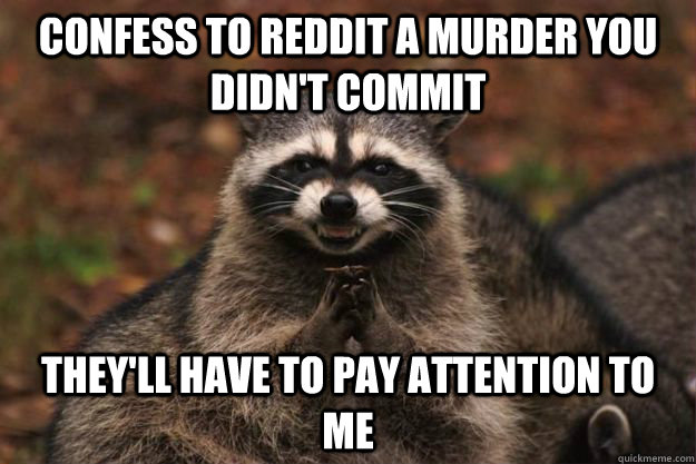 Confess to reddit a murder you didn't commit  they'll have to pay attention to me  - Confess to reddit a murder you didn't commit  they'll have to pay attention to me   Evil Plotting Raccoon