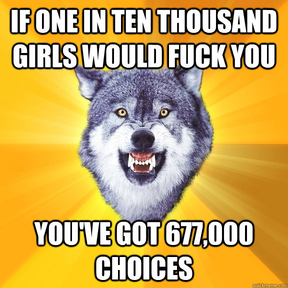 if one in ten thousand girls would fuck you you've got 677,000 choices  Courage Wolf