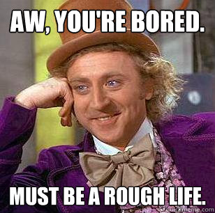 Aw, you're bored.  Must be a rough life.   Condescending Wonka