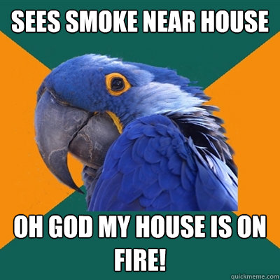 sees smoke near house oh god my house is on fire!  Paranoid Parrot