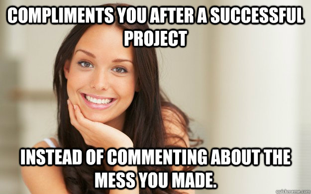 Compliments you after a successful project Instead of commenting about the mess you made.  Good Girl Gina