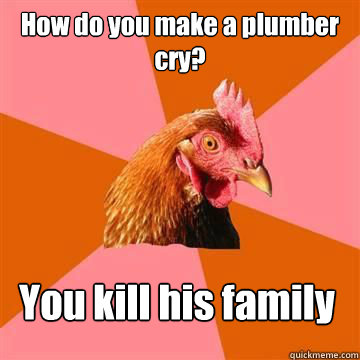 How do you make a plumber cry? You kill his family  Anti-Joke Chicken