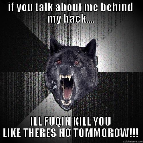 IF YOU TALK ABOUT ME BEHIND MY BACK.... ILL FUQIN KILL YOU LIKE THERES NO TOMMOROW!!! Insanity Wolf