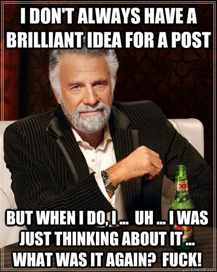 I don't always have a brilliant idea for a post But when I do, I ...  uh ... I was just thinking about it ... what was it again?  Fuck!  The Most Interesting Man In The World