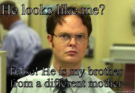 HE LOOKS LIKE ME?         FALSE! HE IS MY BROTHER FROM A DIFFERENT MOTHER Schrute