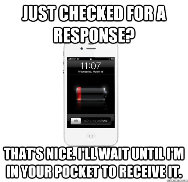 Just checked for a response? That's nice. I'll wait until I'm in your pocket to receive it.  scumbag cellphone