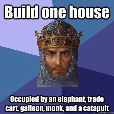 Build one house Occupied by an elephant, trade cart, galleon, monk, and a catapult  Age of Empires