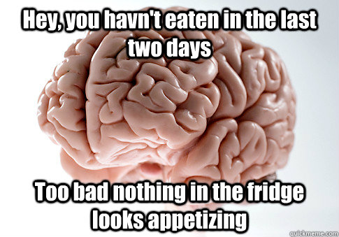 Hey, you havn't eaten in the last two days Too bad nothing in the fridge looks appetizing  Scumbag Brain