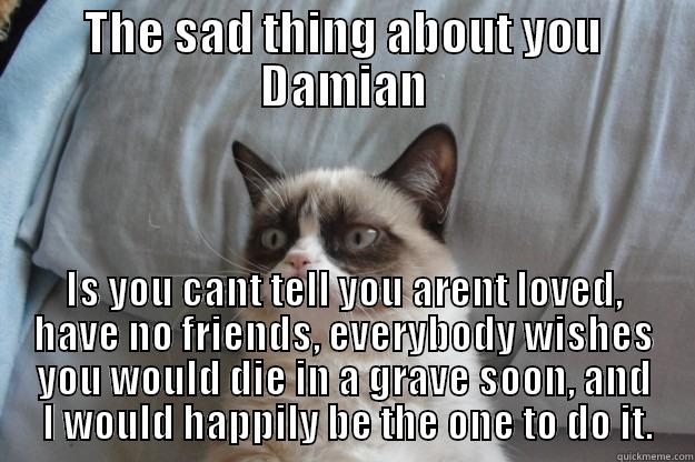 so I SAID.. - THE SAD THING ABOUT YOU DAMIAN IS YOU CANT TELL YOU ARENT LOVED, HAVE NO FRIENDS, EVERYBODY WISHES YOU WOULD DIE IN A GRAVE SOON, AND  I WOULD HAPPILY BE THE ONE TO DO IT. Grumpy Cat