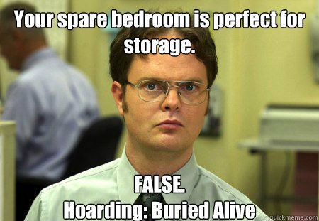 Your spare bedroom is perfect for storage.
 FALSE. 
Hoarding: Buried Alive  Dwight