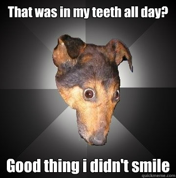 That was in my teeth all day? Good thing i didn't smile  Depression Dog