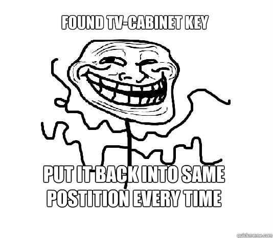 found tv-cabinet key put it back into same postition every time  SLENDER MAN TROLL