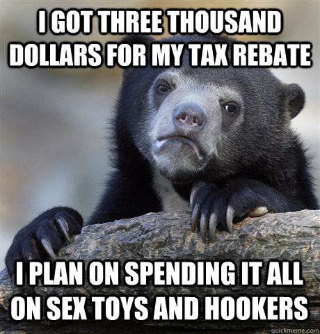 I GOT THREE THOUSAND DOLLARS FOR MY TAX REBATE I PLAN ON SPENDING IT ALL ON SEX TOYS AND HOOKERS - I GOT THREE THOUSAND DOLLARS FOR MY TAX REBATE I PLAN ON SPENDING IT ALL ON SEX TOYS AND HOOKERS  Confession Bear