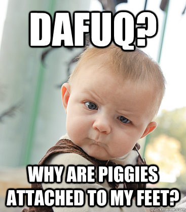 Dafuq? why are piggies attached to my feet?  skeptical baby